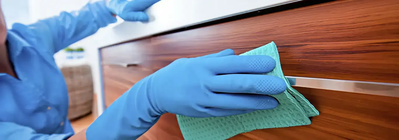 Cleaner wearing blue gloves wiping a wooden cabinet drawer with a microfiber cloth for dust and grime removal, Marietta, GA.