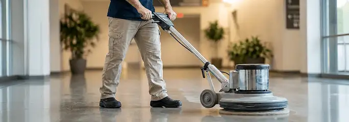 Professional technician using an industrial floor buffer to polish and maintain shiny commercial flooring in a corporate hallway in Marietta, GA.