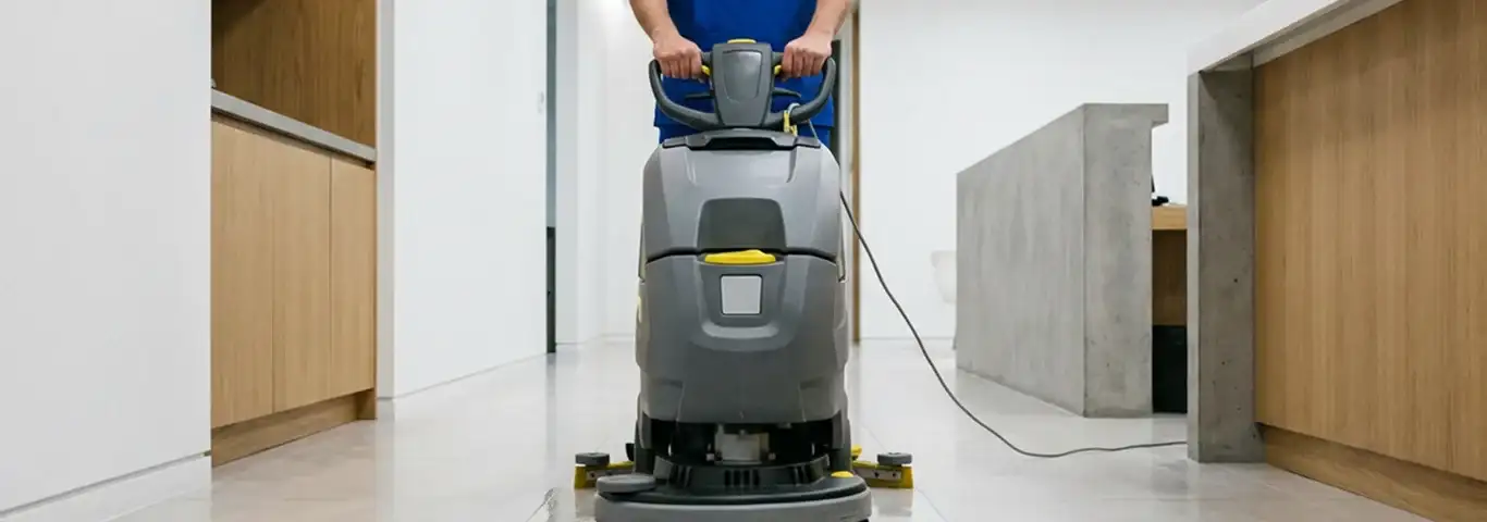 Janitorial staff using a floor scrubber machine to clean a commercial hallway, Marietta, GA.