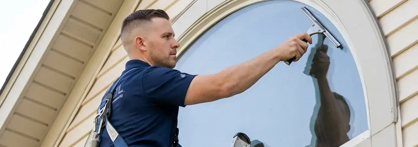 Professional window cleaner using a squeegee to clean an exterior arched window on a home, Marietta, GA.