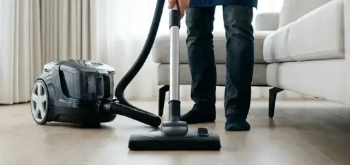 Professional house cleaner vacuuming a living room floor with a canister vacuum cleaner, Marietta, GA.