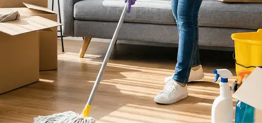 Move-out cleaning setup with a cleaner mopping hardwood floors near moving boxes and cleaning supplies, Marietta, GA.