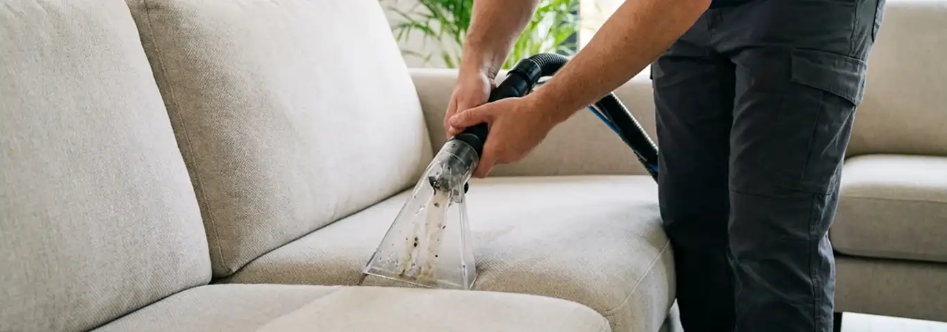 Technician extracting dirt and moisture from a fabric sofa with an upholstery cleaning wand, Marietta, GA.