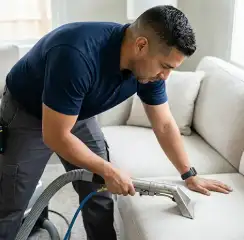 Professional upholstery cleaning technician using an extraction wand to deep-clean a fabric sofa, Marietta, GA.