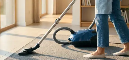 Person vacuuming a living room rug with a canister vacuum cleaner near large windows, Marietta, GA.